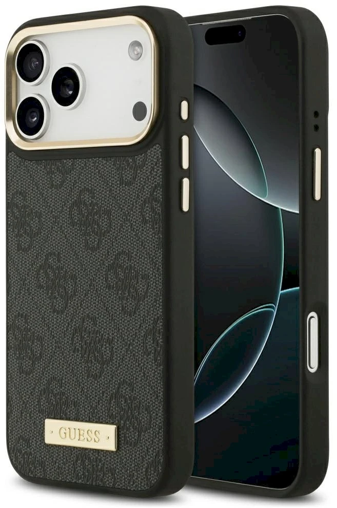 Guess 4G Logo Plate MagSafe dėklas Apple iPhone 17 Pro Max juodos spalvos