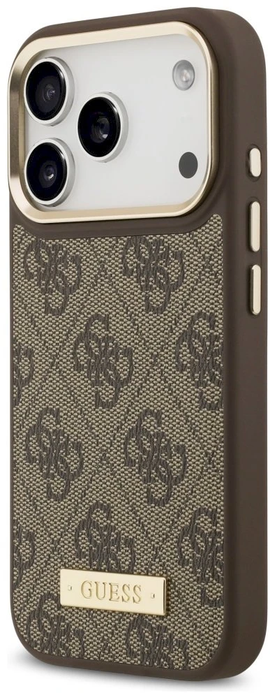 Guess 4G Logo Plate MagSafe dėklas Apple iPhone 17 Pro rudos spalvos