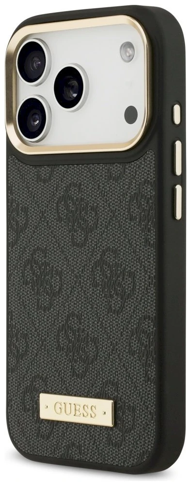Guess 4G Logo Plate MagSafe dėklas Apple iPhone 17 Pro juodos spalvos
