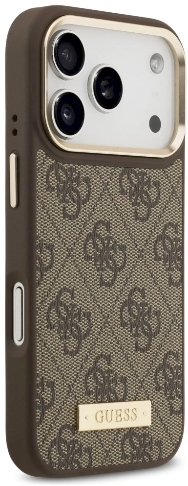 Guess 4G Logo Plate MagSafe dėklas Apple iPhone 17 Pro rudos spalvos