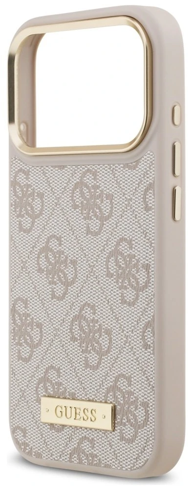 Guess 4G Logo Plate MagSafe dėklas Apple iPhone 17 Pro rožinės spalvos