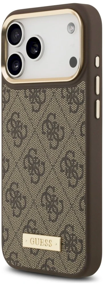 Guess 4G Logo Plate MagSafe dėklas Apple iPhone 17 Pro Max rudos spalvos