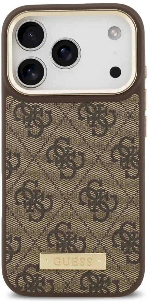 Guess 4G Logo Plate MagSafe dėklas Apple iPhone 17 Pro rudos spalvos