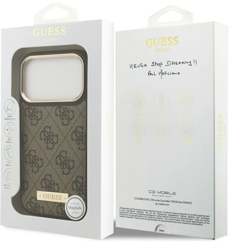 Guess 4G Logo Plate MagSafe dėklas Apple iPhone 17 Pro rudos spalvos