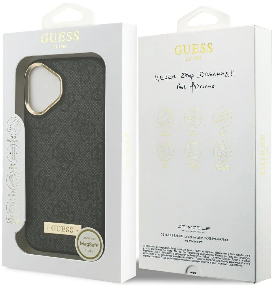 Guess 4G Logo Plate MagSafe dėklas skirtas Apple iPhone 17 juodos spalvos