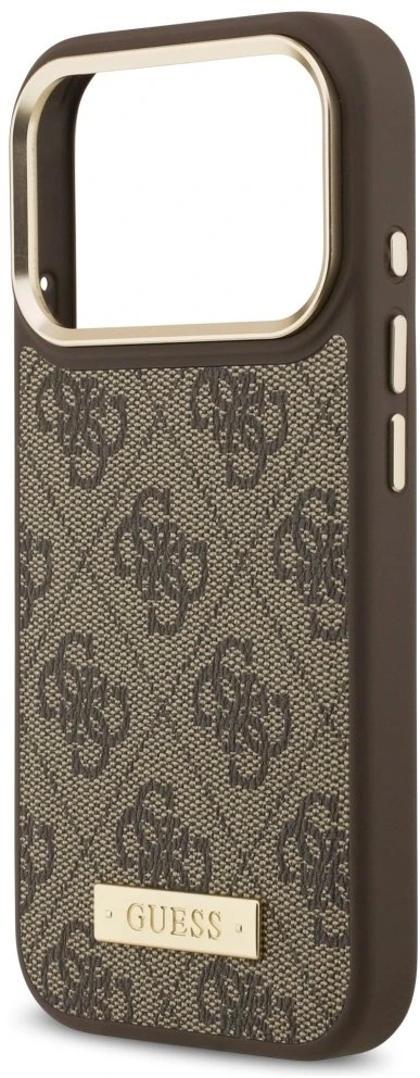 Guess 4G Logo Plate MagSafe dėklas Apple iPhone 17 Pro rudos spalvos