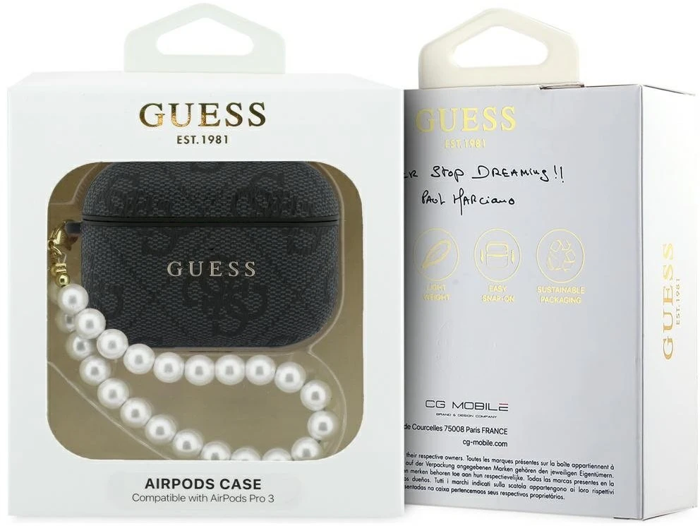 Guess PU 4G Classic Logo Pearl Strap dėklas skirtas Apple AirPods Pro 3 juodos spalvos