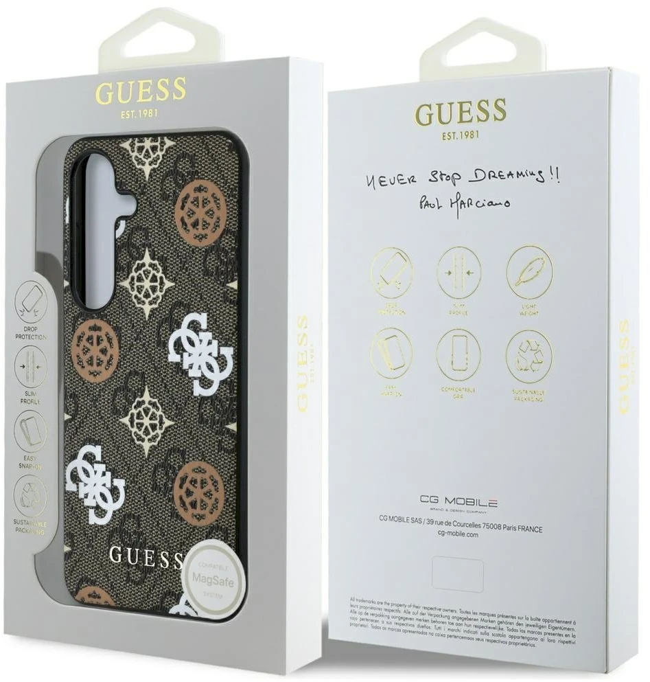 Guess 4G Printed Colored Peony Pattern MagSafe - dėklas skirtas Samsung Galaxy S25 ruda