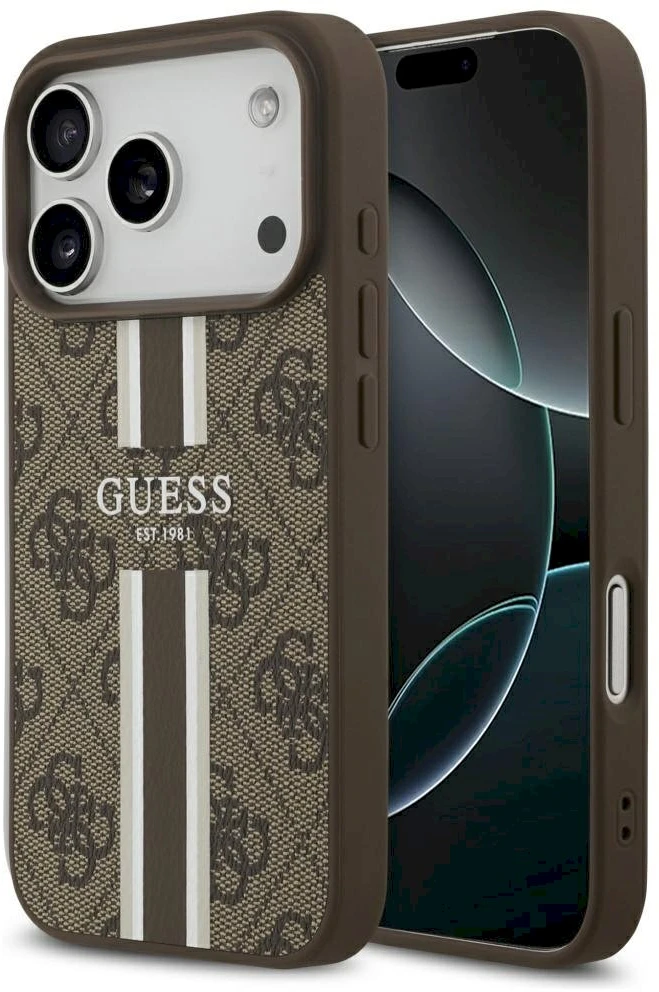 GUESS dėklas, skirtas IPHONE 17 Pro, suderinamas su MagSafe GUHMP17LP4RPSW (4G spausdintos juostelės), rudas