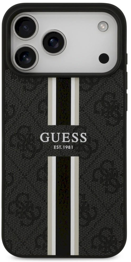 GUESS dėklas, skirtas IPHONE 17 Pro Max, suderinamas su MagSafe GUHMP17XP4RPSK (4G spausdintos juostelės), juodas