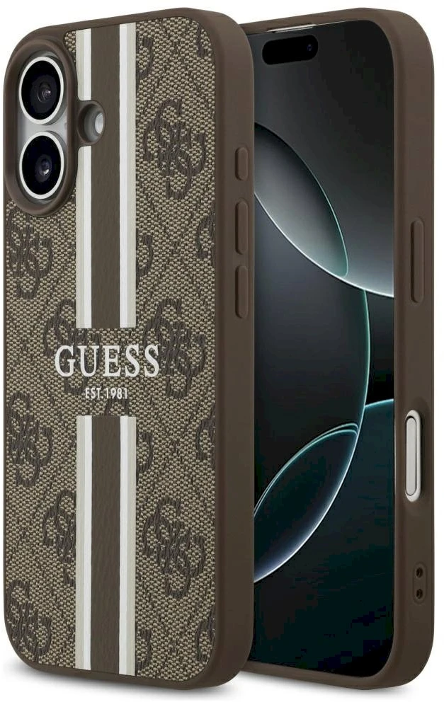 „Guess 4G“ dryžuotas „MagSafe“ dėklas, skirtas „iPhone 17“ – ruda