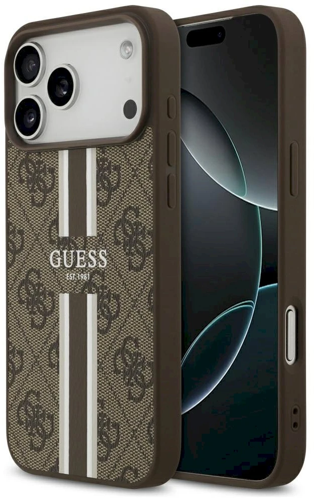 GUESS dėklas, skirtas IPHONE 17 Pro Max, suderinamas su MagSafe GUHMP17XP4RPSW (4G spausdintos juostelės), rudas