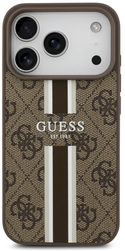 GUESS dėklas, skirtas IPHONE 17 Pro, suderinamas su MagSafe GUHMP17LP4RPSW (4G spausdintos juostelės), rudas