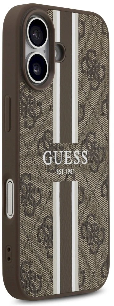 „Guess 4G“ dryžuotas „MagSafe“ dėklas, skirtas „iPhone 17“ – ruda