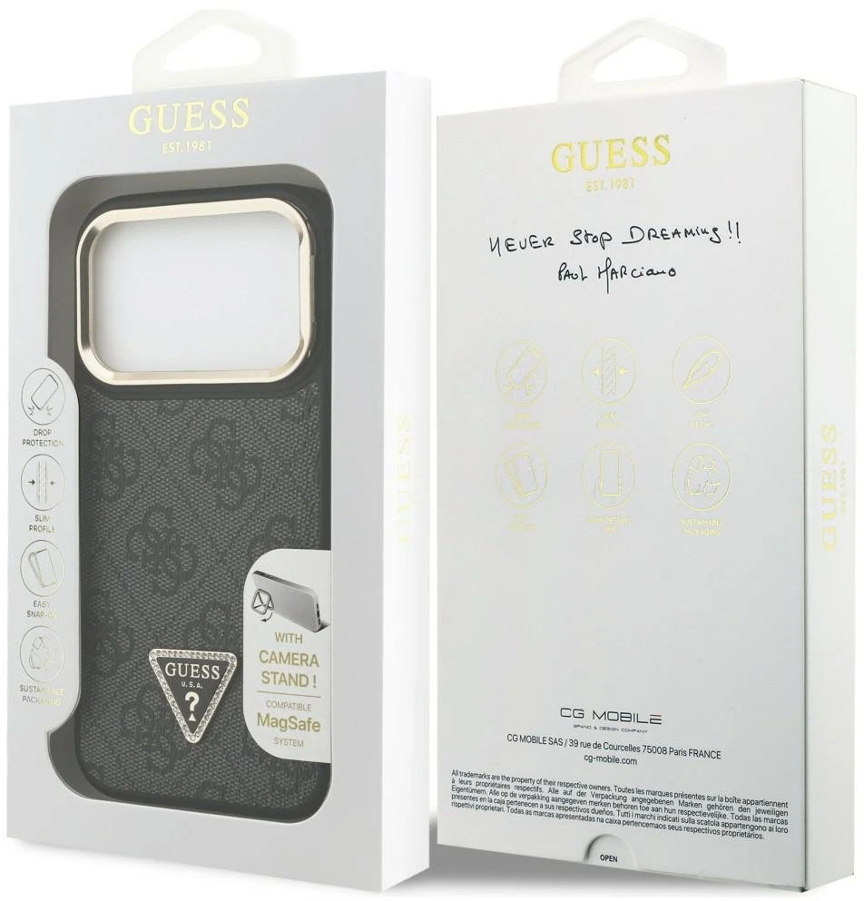 Dėklas Guess 4G PU Triangle Logo & Stand Camera Magsafe Apple iPhone 17 Pro juodos spalvos