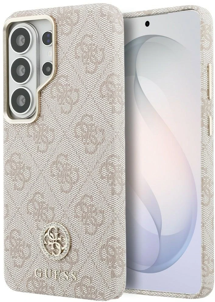 Guess PU odos 4G Strass Logo Gold Frame magnetinis dėklas skirtas Samsung Galaxy S26 Ultra rožinės spalvos