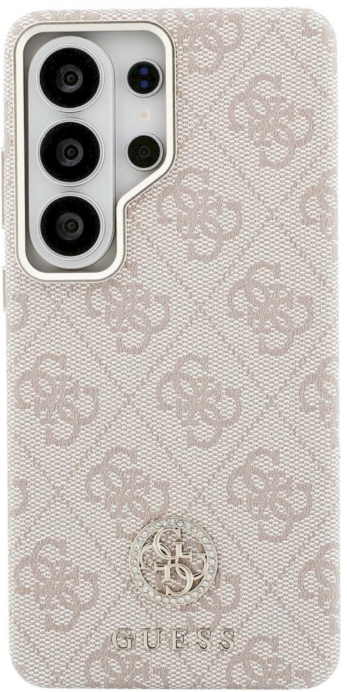 Guess PU odos 4G Strass Logo Gold Frame magnetinis dėklas skirtas Samsung Galaxy S26 Ultra rožinės spalvos