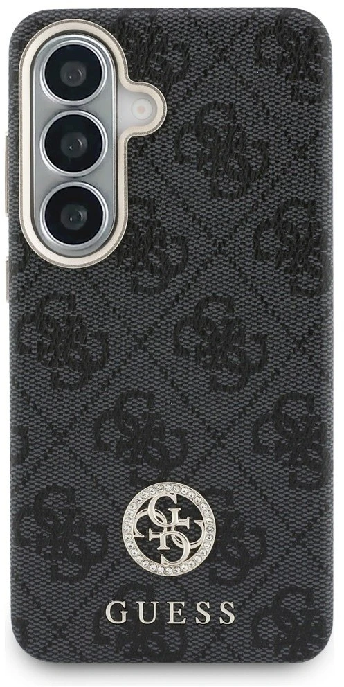 Guess PU Leather 4G Strass Logo Gold Frame Magnetic dėklas skirtas Samsung Galaxy S26 juodos spalvos