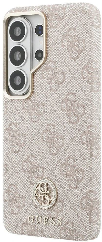 Guess PU odos 4G Strass Logo Gold Frame magnetinis dėklas skirtas Samsung Galaxy S26 Ultra rožinės spalvos