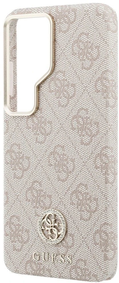 Guess PU odos 4G Strass Logo Gold Frame magnetinis dėklas skirtas Samsung Galaxy S26 Ultra rožinės spalvos