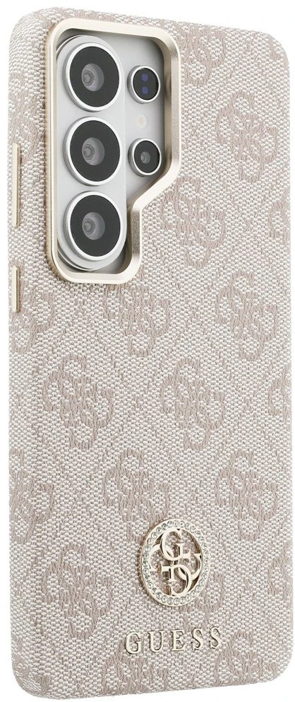 Guess PU odos 4G Strass Logo Gold Frame magnetinis dėklas skirtas Samsung Galaxy S26 Ultra rožinės spalvos