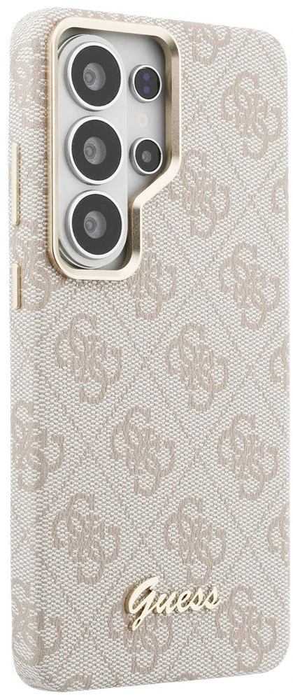 Guess PU 4G Script Metal Logo Magnetic dėklas skirtas Samsung Galaxy S26 Ultra rožinės spalvos