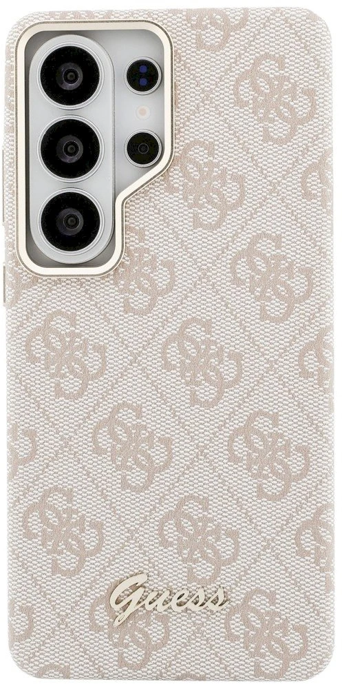 Guess PU 4G Script Metal Logo Magnetic dėklas skirtas Samsung Galaxy S26 Ultra rožinės spalvos