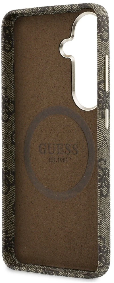 Guess PU 4G Script Metal Logo Magnetic dėklas skirtas Samsung Galaxy S26 rudos spalvos