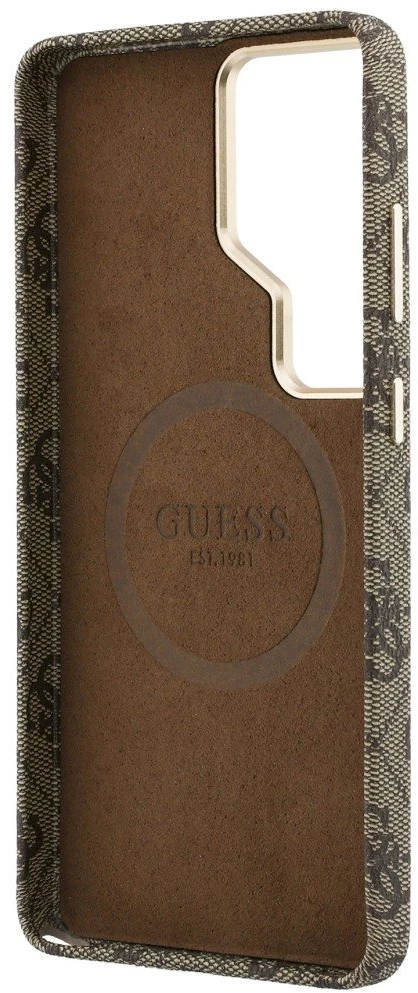 Guess PU 4G Script Metal Logo Magnetic dėklas skirtas Samsung Galaxy S26 Ultra Brown