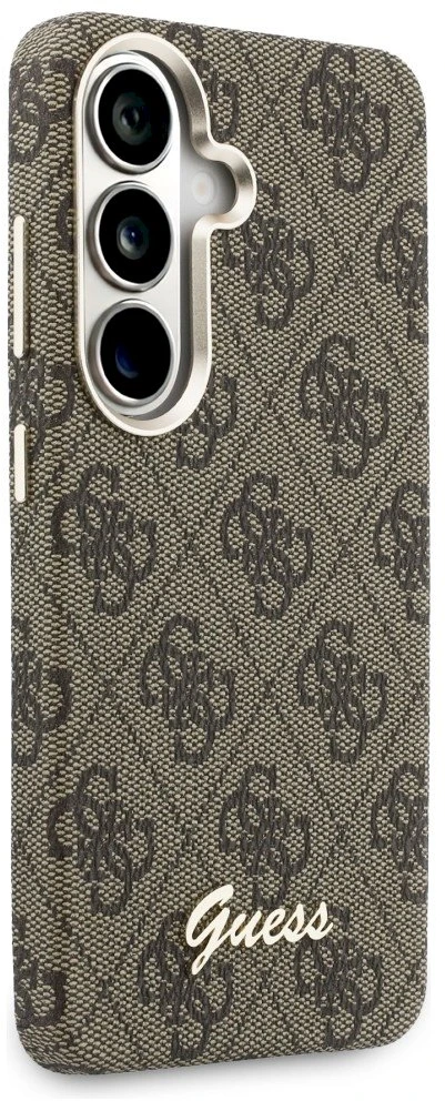 Guess PU 4G Script Metal Logo Magnetic dėklas skirtas Samsung Galaxy S26 rudos spalvos