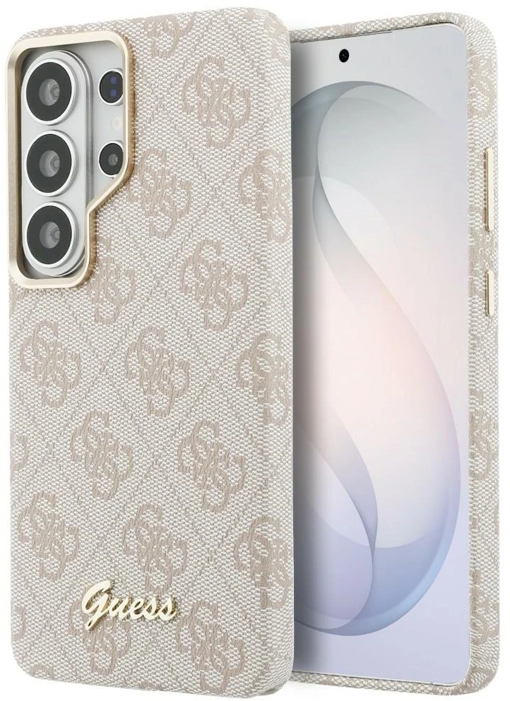 Guess PU 4G Script Metal Logo Magnetic dėklas skirtas Samsung Galaxy S26 Ultra rožinės spalvos