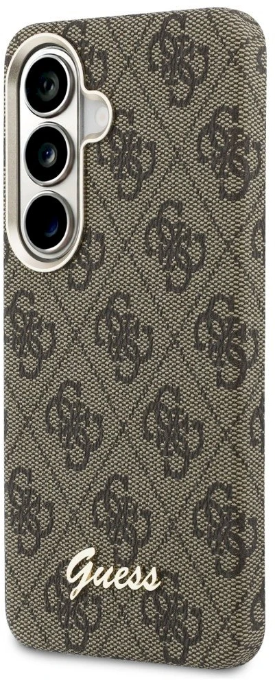 Guess PU 4G Script Metal Logo Magnetic dėklas skirtas Samsung Galaxy S26 rudos spalvos