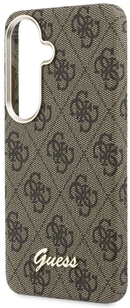 Guess PU 4G Script Metal Logo Magnetic dėklas skirtas Samsung Galaxy S26 rudos spalvos