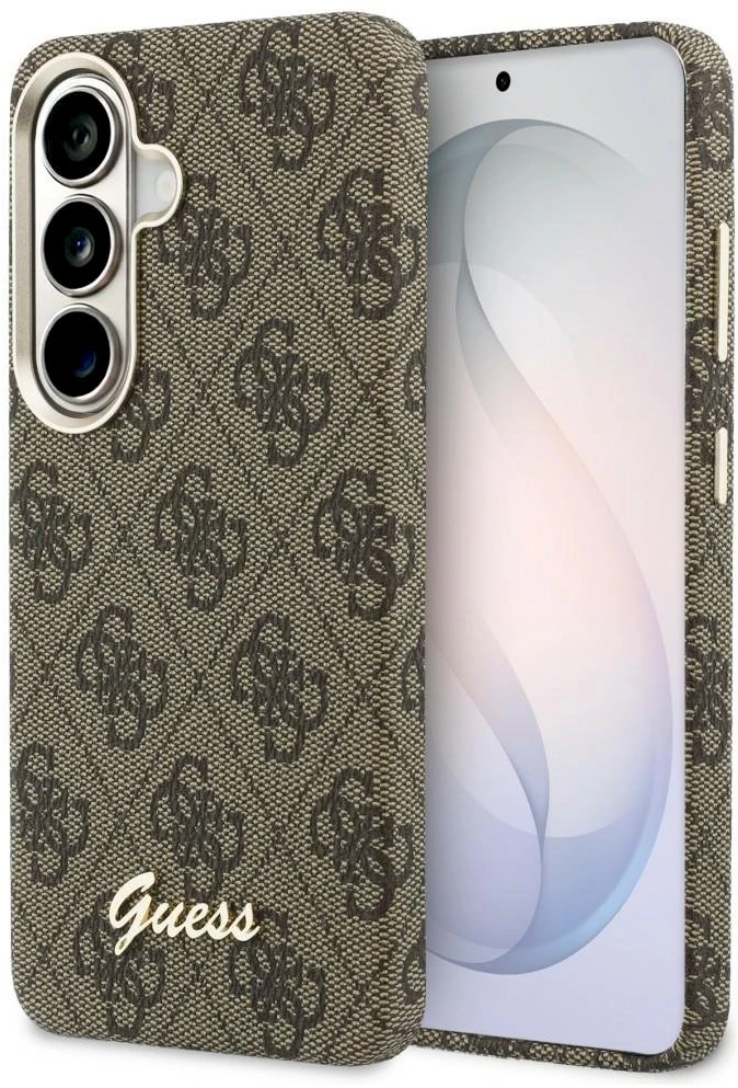 Guess PU 4G Script Metal Logo Magnetic dėklas skirtas Samsung Galaxy S26 rudos spalvos