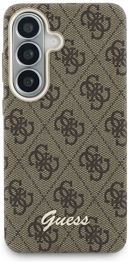 Guess PU 4G Script Metal Logo Magnetic dėklas skirtas Samsung Galaxy S26 rudos spalvos