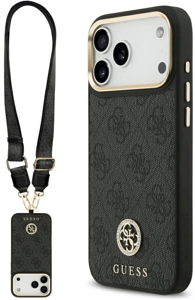 Guess 4G Srtass Logo & Big Strap Metal Mygtukai MagSafe dėklas skirtas Apple iPhone 17 Pro Max juodos spalvos