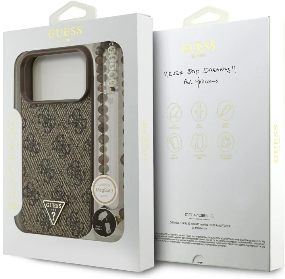Original dėklas GUESS 4G Strap Triangle Logo MagSafe skirtas Apple iPhone 17 Pro Max rudos spalvos