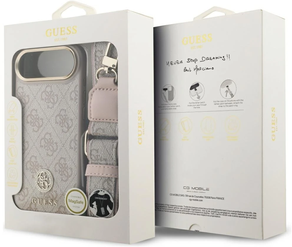 Original dėklas GUESS 4G Strass Logo & Big Strap Metal Mygtukai MagSafe skirtas Apple iPhone 17 Air pink
