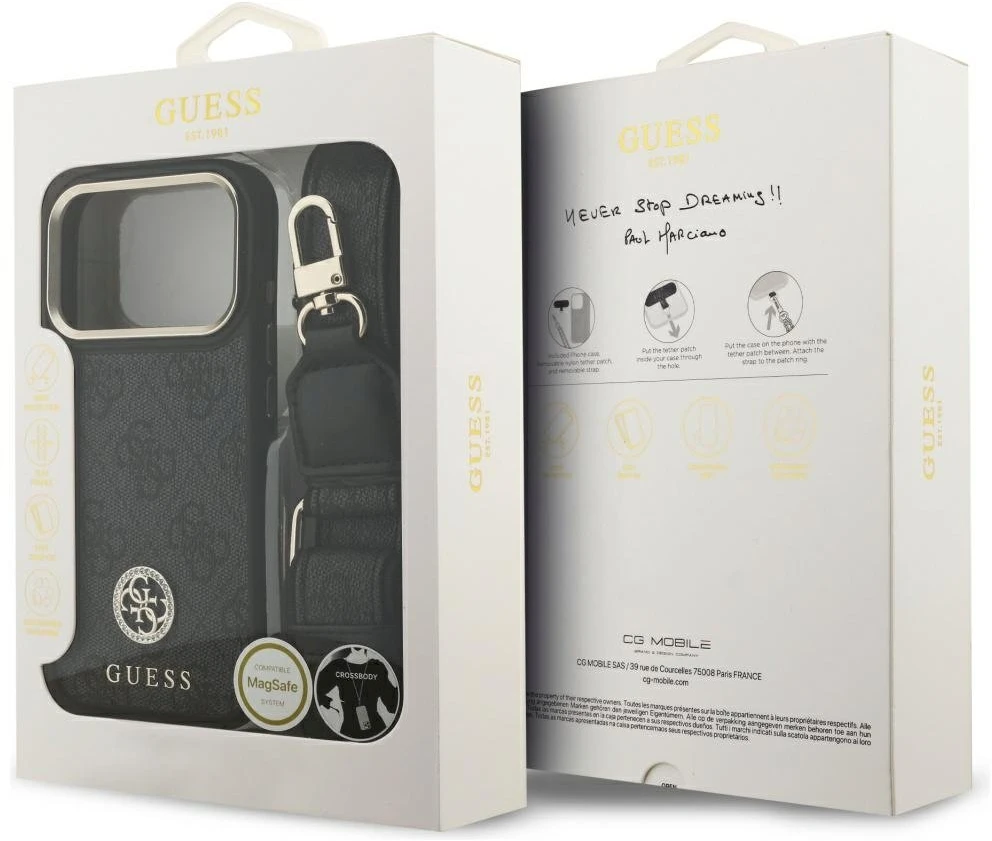 Guess 4G Strass Logo & Big Strap Metal Mygtukai MagSafe dėklas skirtas Apple iPhone 17 Pro juodos spalvos