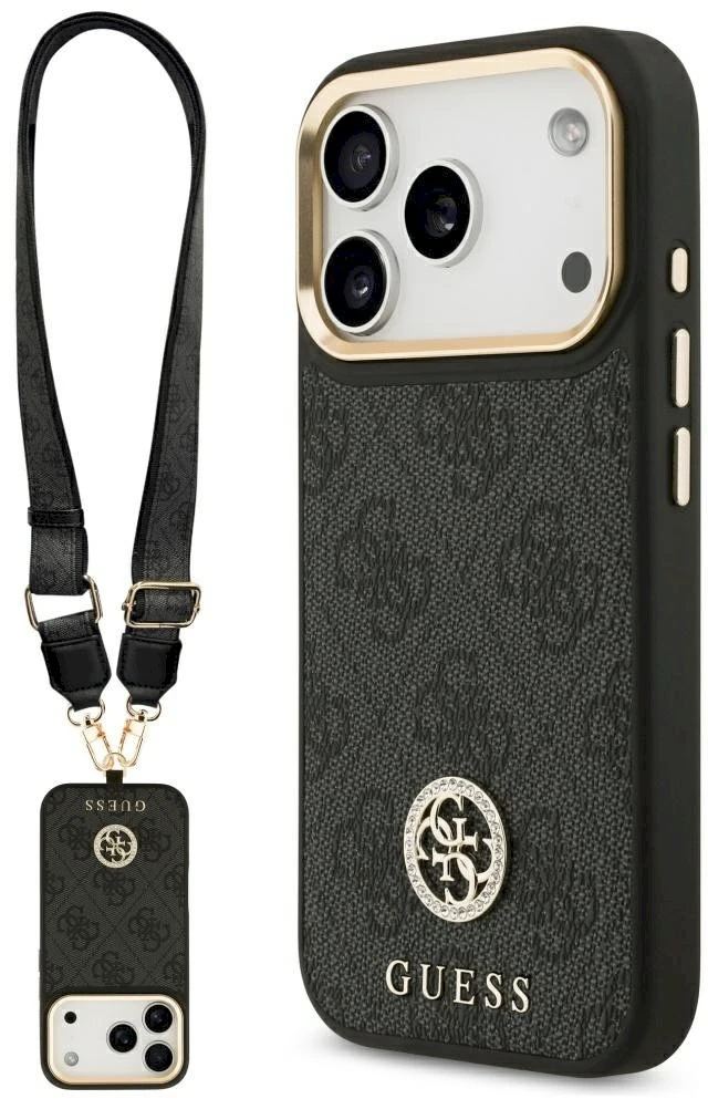 Guess 4G Strass Logo & Big Strap Metal Mygtukai MagSafe dėklas skirtas Apple iPhone 17 Pro juodos spalvos