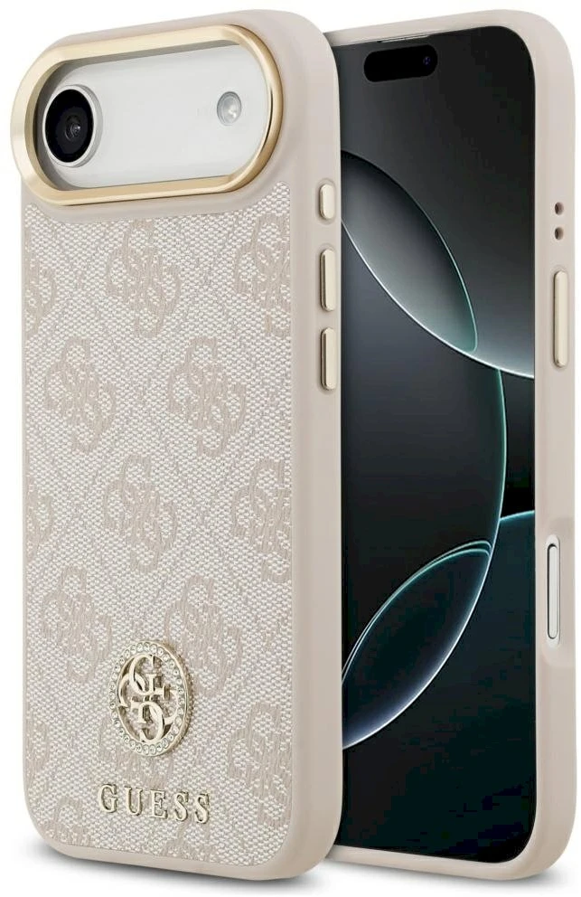 GUESS dėklas, skirtas IPHONE 17 Air, suderinamas su MagSafe GUHMP17MP4GRMDEP (PU su 4G Strass logotipu), rožinis
