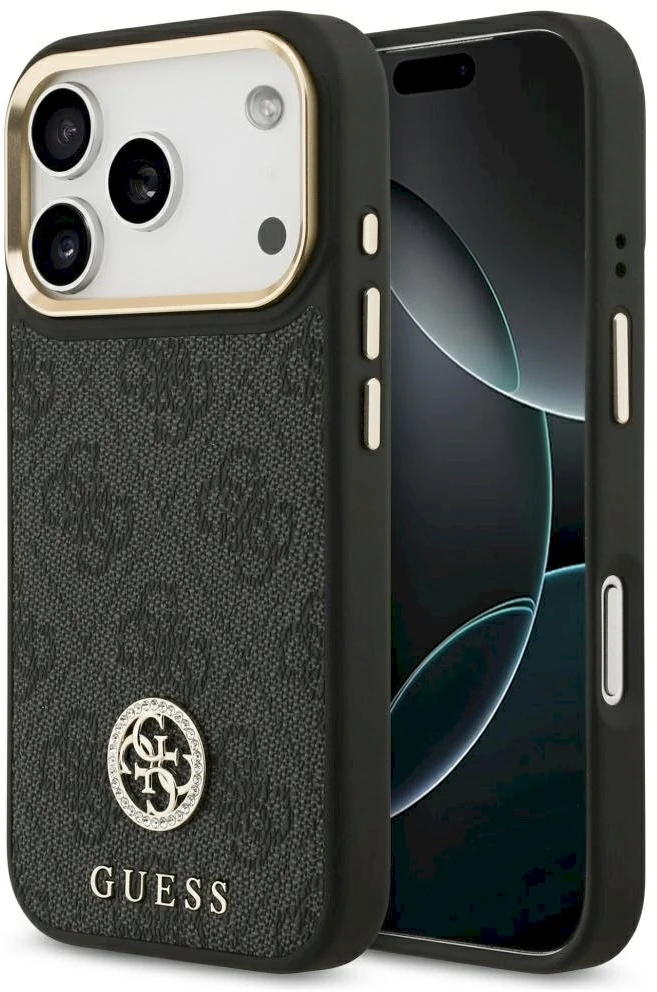GUESS dėklas, skirtas IPHONE 17 Pro, suderinamas su MagSafe GUHMP17LP4GRMDEK (PU W/ 4G Strass Logo) juodas