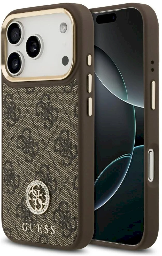 GUESS dėklas, skirtas IPHONE 17 Pro, suderinamas su MagSafe GUHMP17LP4GRMDEW (PU su 4G Strass logotipu), ruda