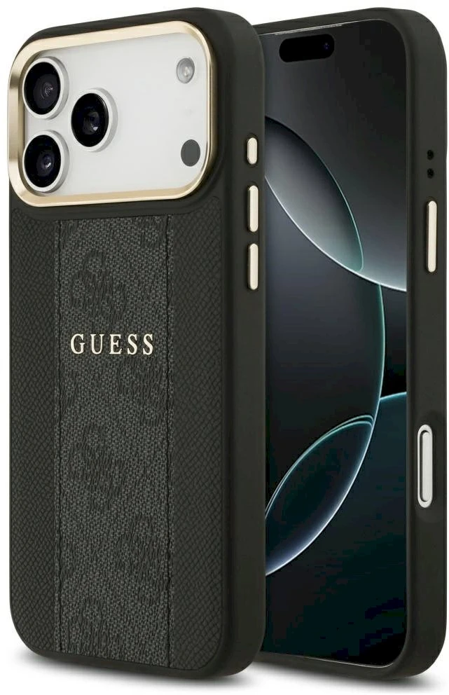 GUESS dėklas, skirtas IPHONE 17 Pro Max, suderinamas su MagSafe GUHMP17XPG4SEMCK (PU su 4G juostele), juodas