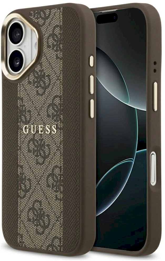 GUESS dėklas, skirtas IPHONE 17, suderinamas su MagSafe GUHMP17SPG4SEMCW (PU su 4G juostele), ruda
