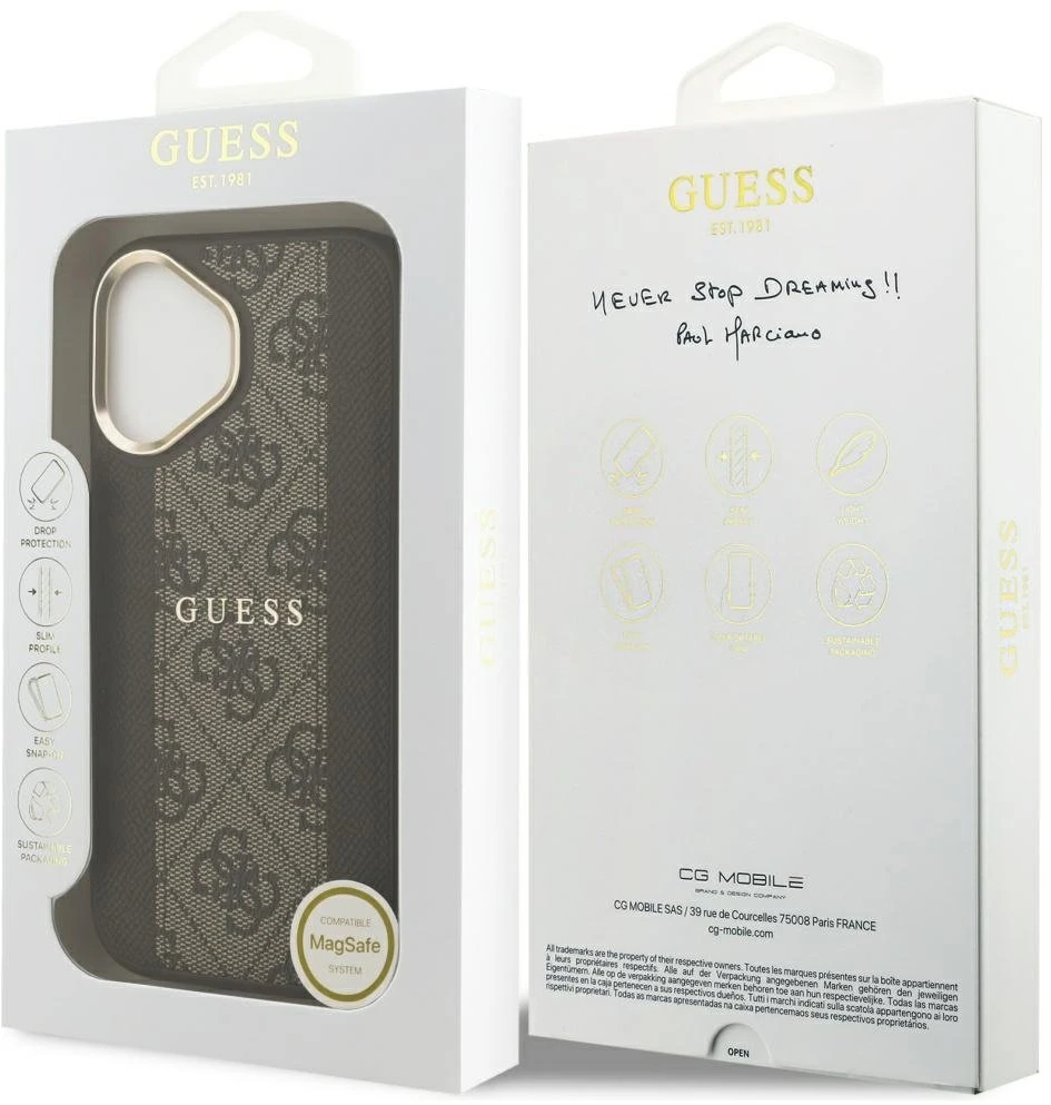GUESS dėklas, skirtas IPHONE 17, suderinamas su MagSafe GUHMP17SPG4SEMCW (PU su 4G juostele), ruda