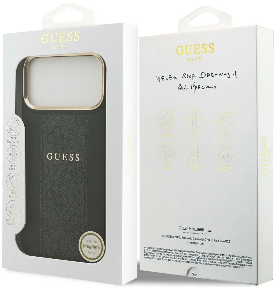 GUESS dėklas, skirtas IPHONE 17 Pro Max, suderinamas su MagSafe GUHMP17XPG4SEMCK (PU su 4G juostele), juodas