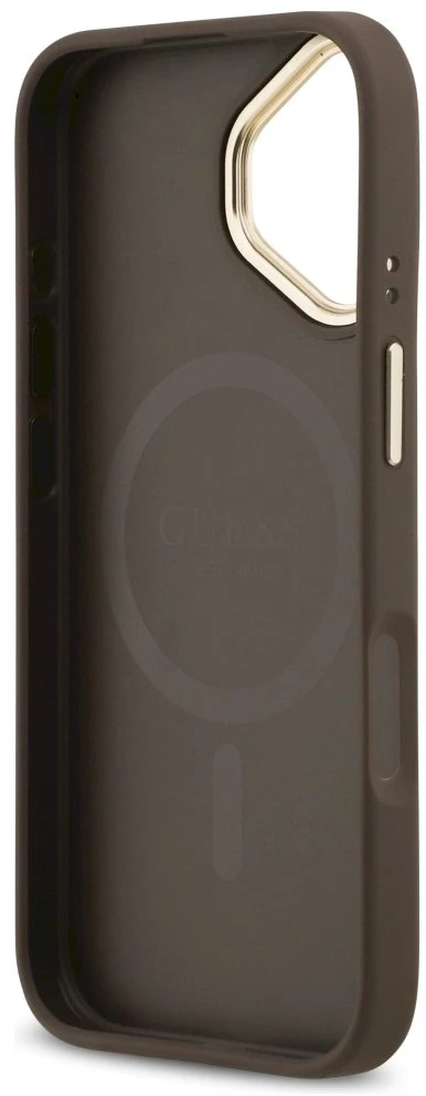 GUESS dėklas, skirtas IPHONE 17, suderinamas su MagSafe GUHMP17SPG4SEMCW (PU su 4G juostele), ruda