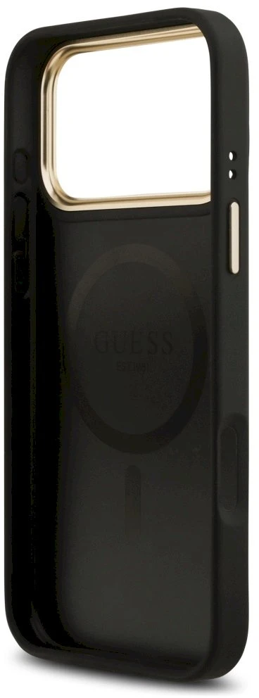 GUESS dėklas, skirtas IPHONE 17 Pro Max, suderinamas su MagSafe GUHMP17XPG4SEMCK (PU su 4G juostele), juodas