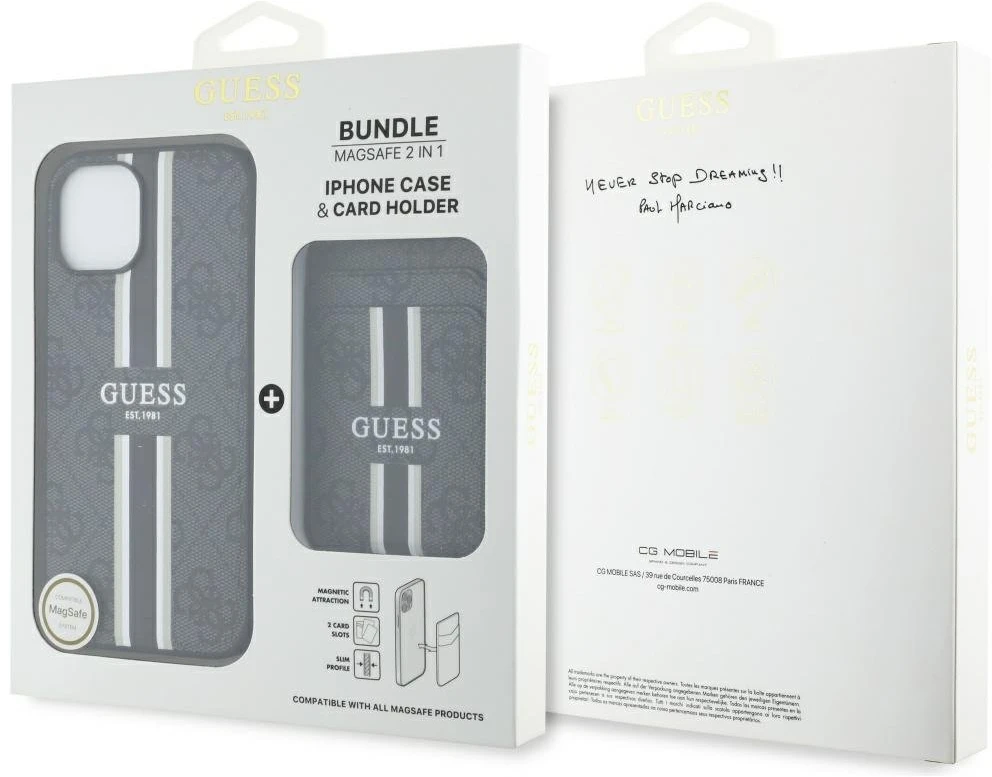 Guess 4G Stripes su portfelem Magsafe Apple iPhone 15 dėklas telefonui juodos spalvos